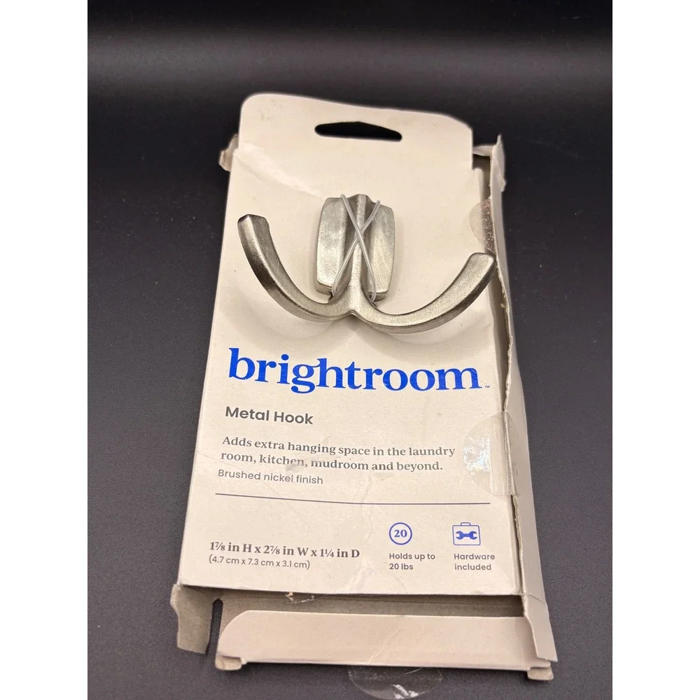 Brightroom‎ Metal Double Wall Hook Brushed Nickel 20lb Capacity New
